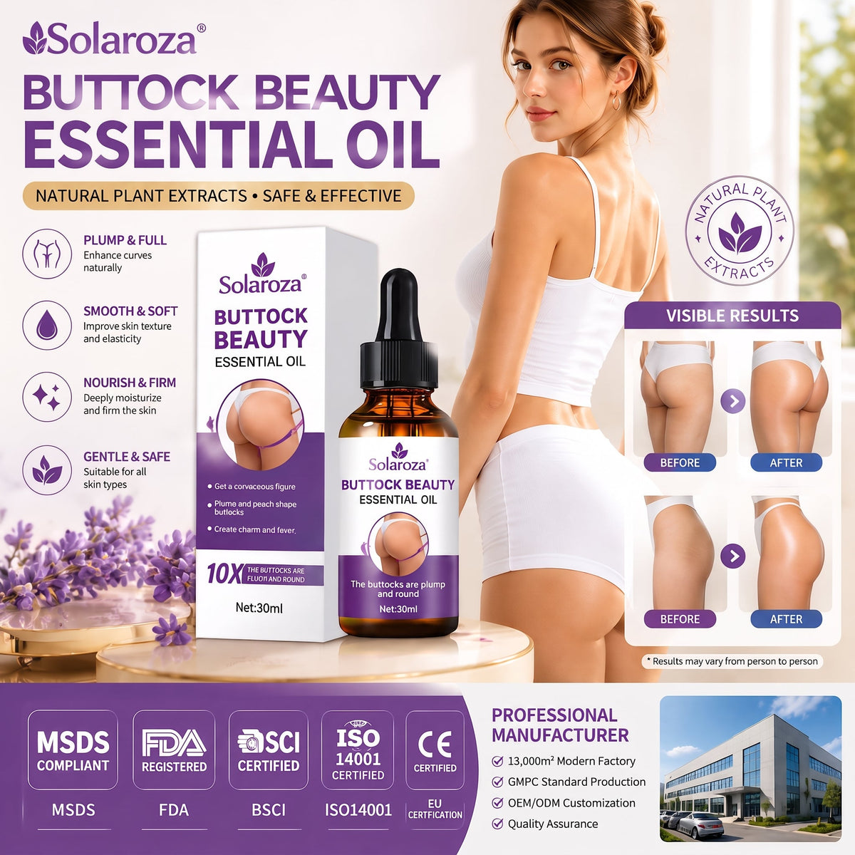 🍑 Solaroza Buttock Beauty Essential Oil - Natural Plant Extracts for Plump, Firm & Smooth Skin, Lifting & Moisturizing Massage Oil for Curves,